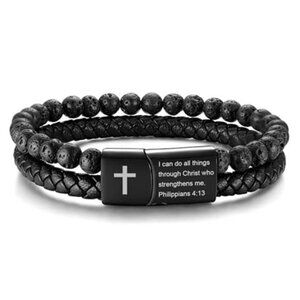 Mens Cross Bracelet Inspirational Bible Verse Leather Lava Rock Bead Wristband